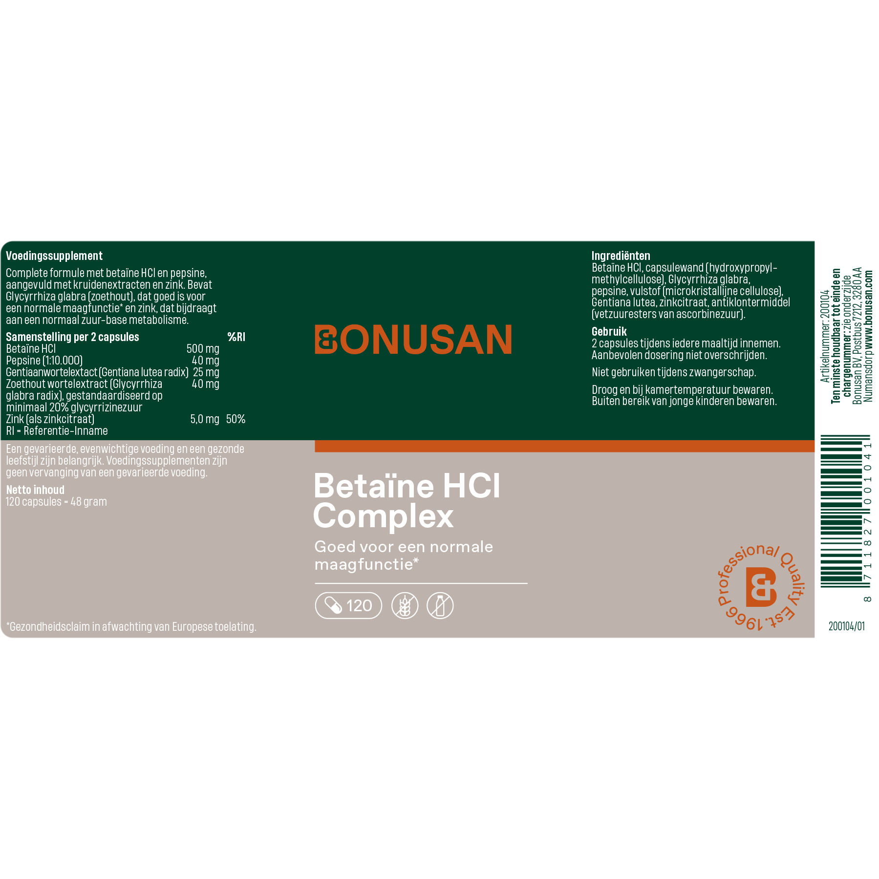 Bonusan Betaïne HCl Complex - 120 caps. - Afbeelding 2